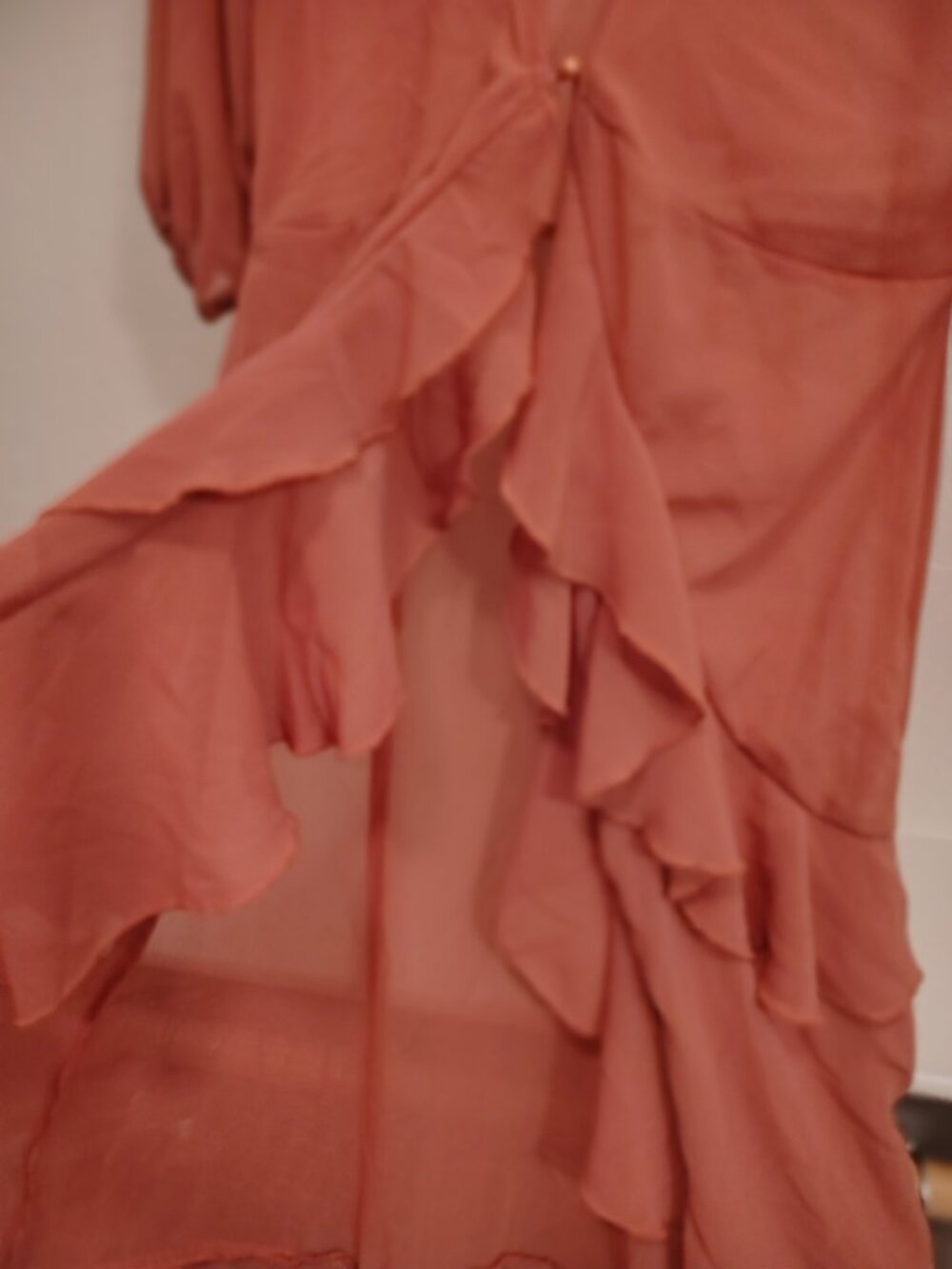 FAVLUX Sheer Terracotta Chiffon Ruffle High-Low Duster - Picture 4 of 11